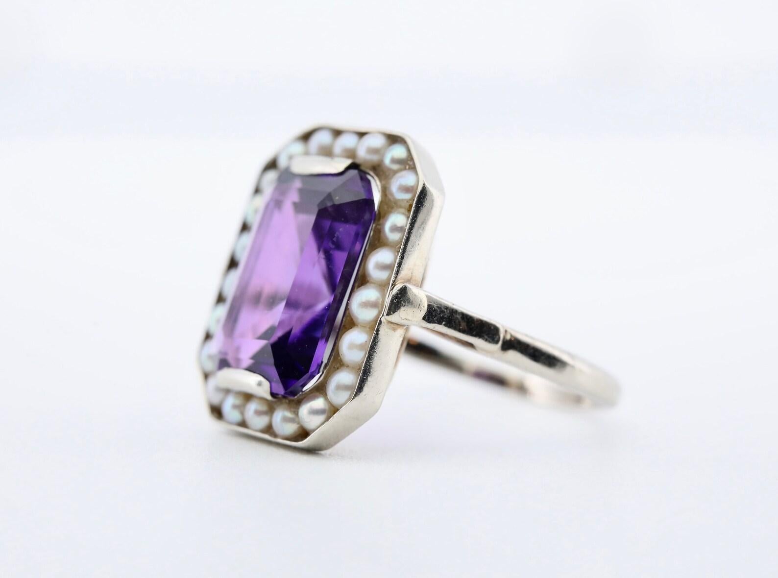 Radiant Cut Art Deco Amethyst & Natural Pearl Ring in 18K White Gold For Sale