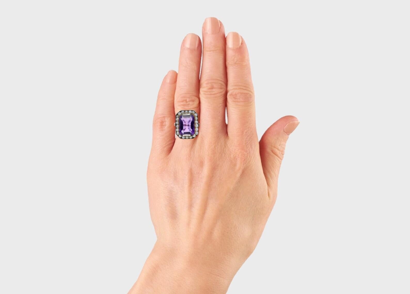 Women's Art Deco Amethyst & Natural Pearl Ring in 18K White Gold For Sale