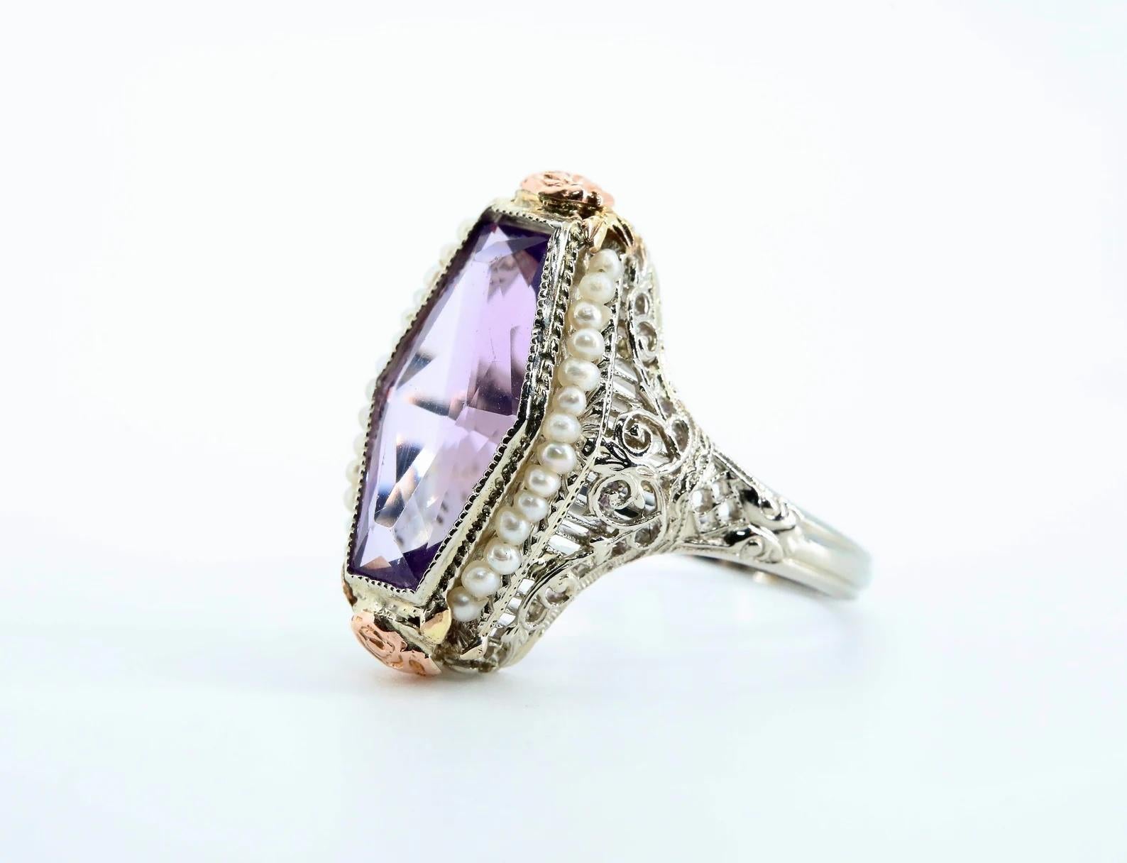 Hexagon Cut Art Deco Amethyst & Pearl Filigree Ring in Multicolor Rose, White, Yellow Gold For Sale