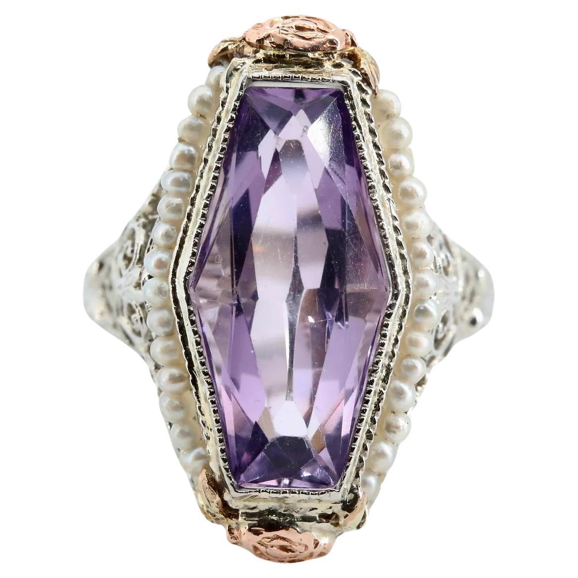 Art Deco Amethyst & Pearl Filigree Ring in Multicolor Rose, White, Yellow Gold For Sale
