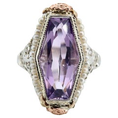 Antique Art Deco Amethyst & Pearl Filigree Ring in Multicolor Rose, White, Yellow Gold