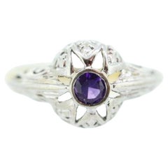 Art Deco Amethyst Ring. 18k White Gold Filigree Design. Engagement Ring from Art