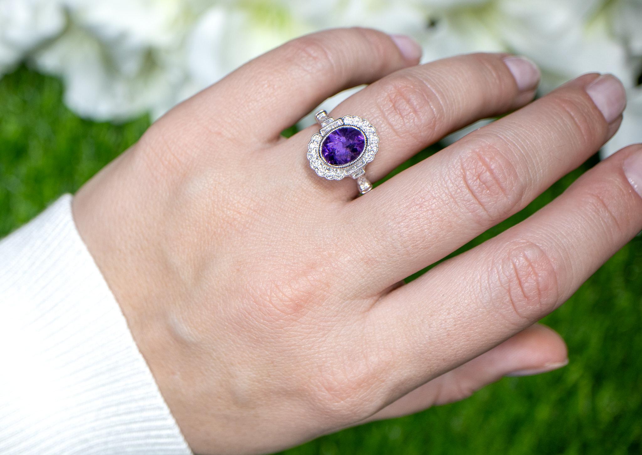 It comes with the Gemological Appraisal by GIA GG/AJP
All Gemstones are Natural
Amethyst = 1.96 Carats
Diamonds = 0.34 Carats
Metal: 18K White Gold
Ring Size: 6.5* US
*It can be resized complimentary