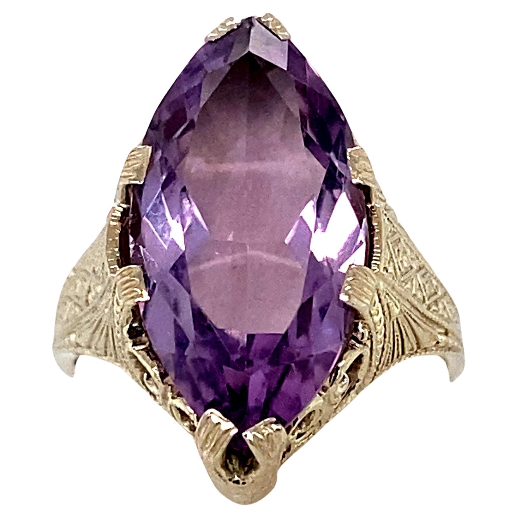 Art Deco 3.56 Carat Marquise Shape Light Purple Amethyst White Gold Ring