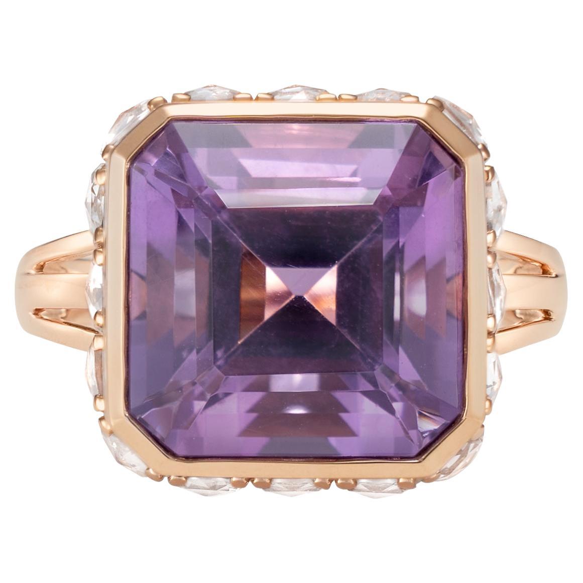 This collection features an suite of bold yet dainty art deco pieces with unique construction. The stunning gemstone vibrantly sits on top of a cluster of diamonds and rose cut white topaz. The unique architecture to construct and combine these