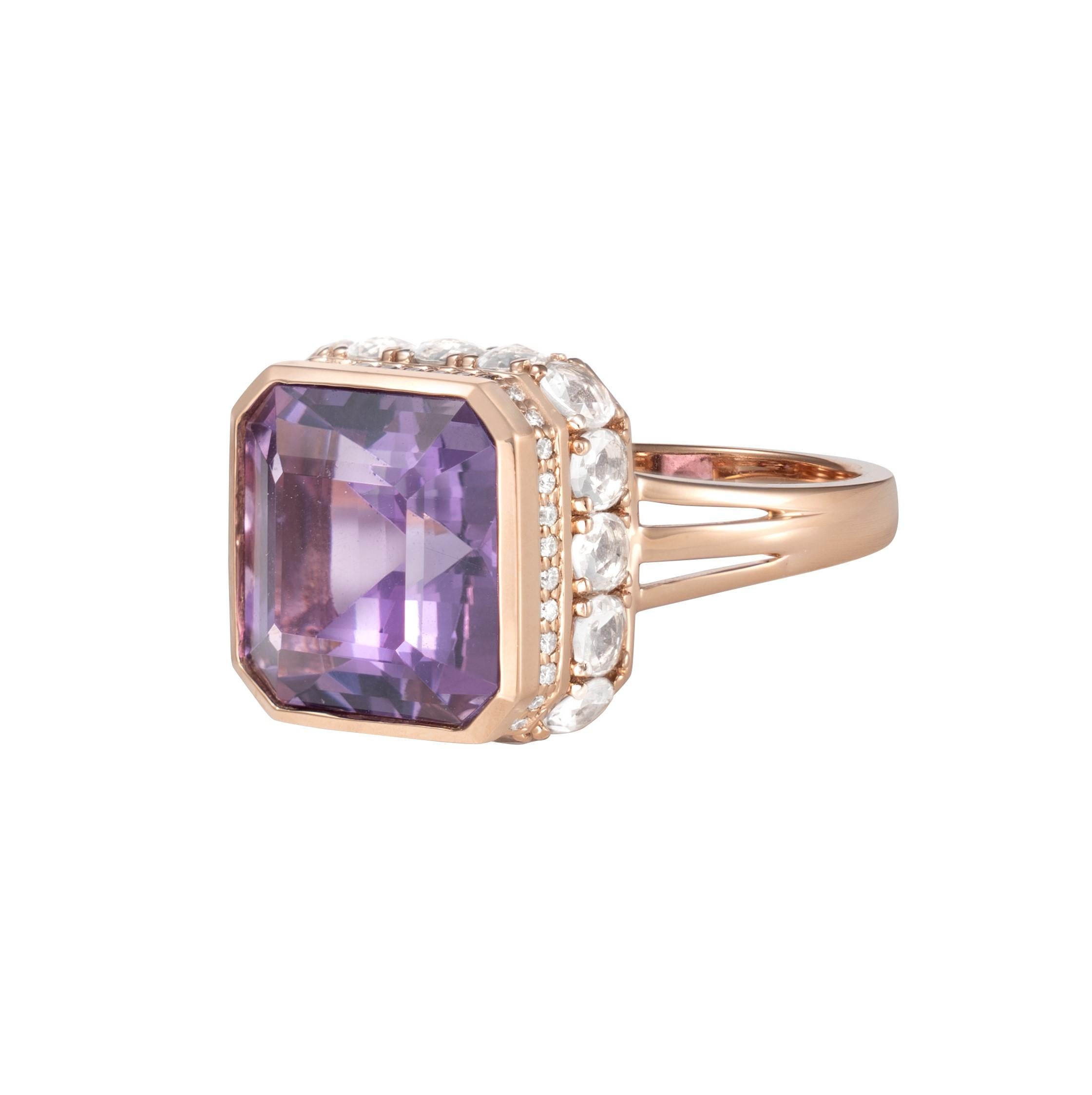 Octagon Cut Art Deco Amethyst Ring with White Topaz & Diamond in 18 Karat Rose Gold For Sale