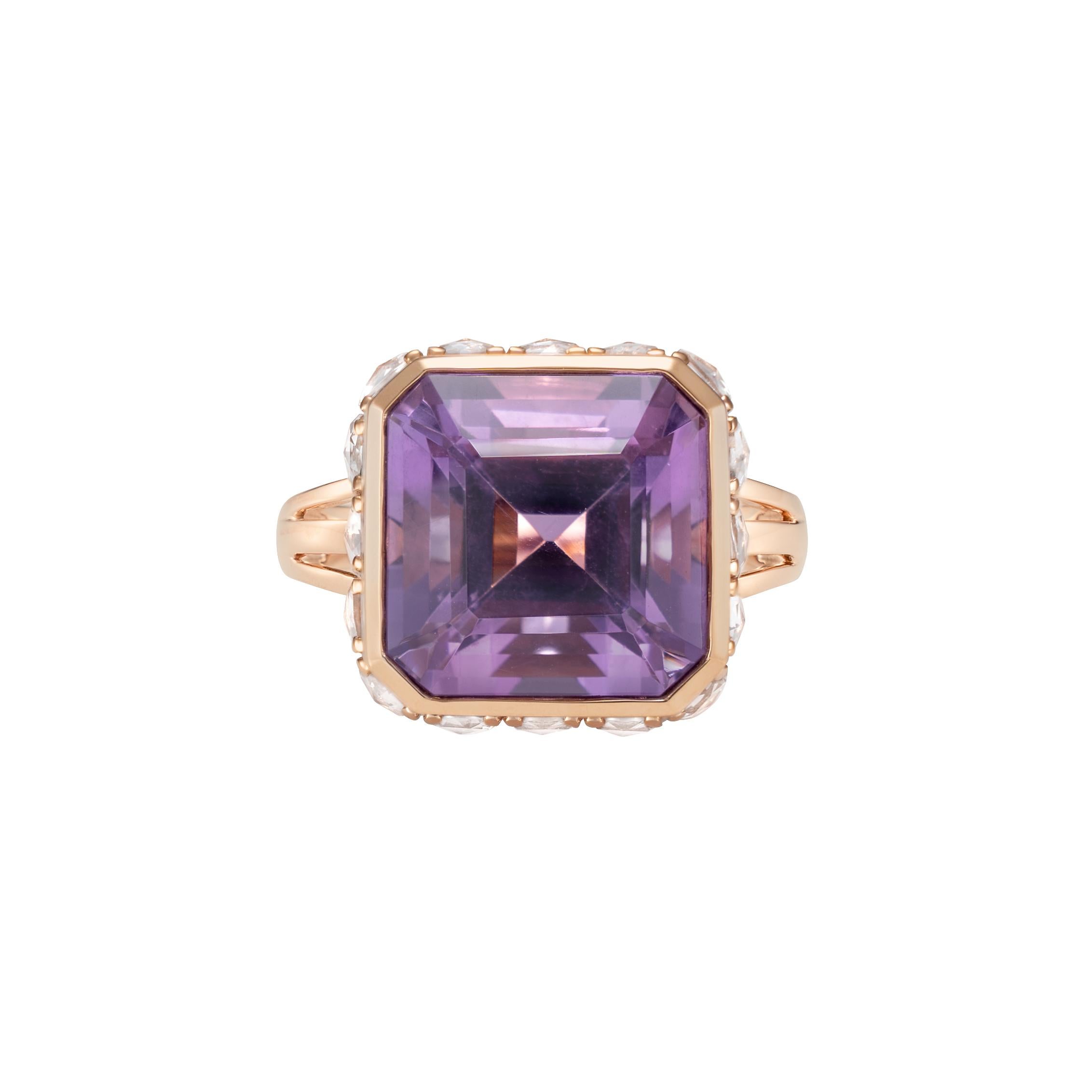 Art Deco Amethyst-Ring mit weißem Topas & Diamant in 18 Karat Roségold (Achteckschliff) im Angebot