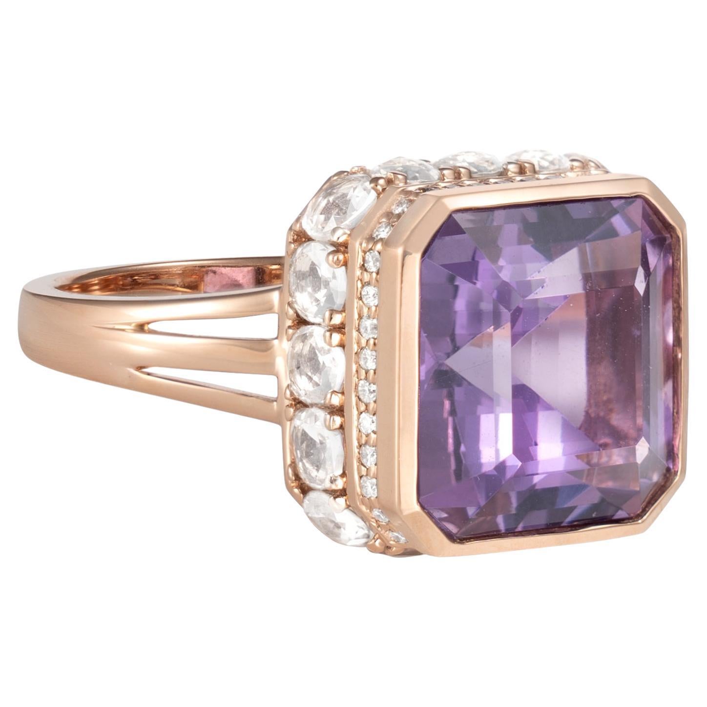 Art Deco Amethyst Ring with White Topaz & Diamond in 18 Karat Rose Gold For Sale