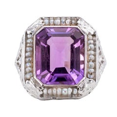 Art Deco Amethyst Seed Pearl White Gold Filigree Ring
