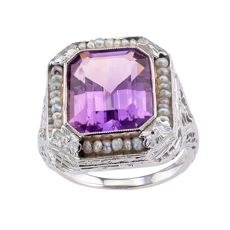 Emerald Cut Art Deco Amethyst Seed Pearl White Gold Filigree Ring For Sale