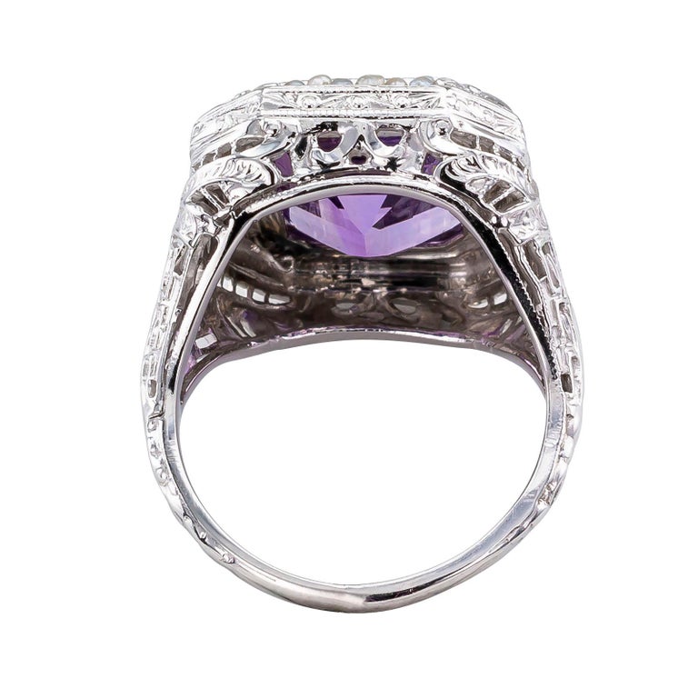 Women's Art Deco Amethyst Seed Pearl White Gold Filigree Ring For Sale