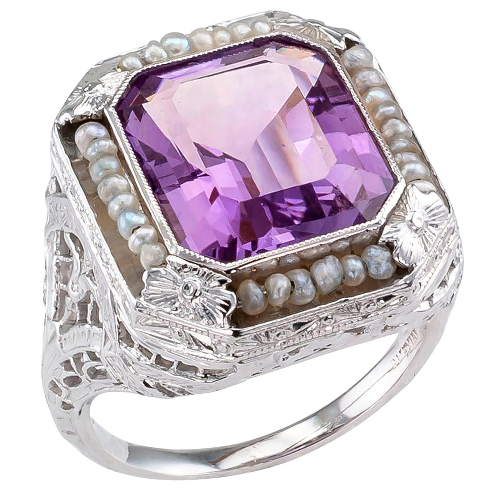 Art Deco Amethyst Seed Pearl White Gold Filigree Ring