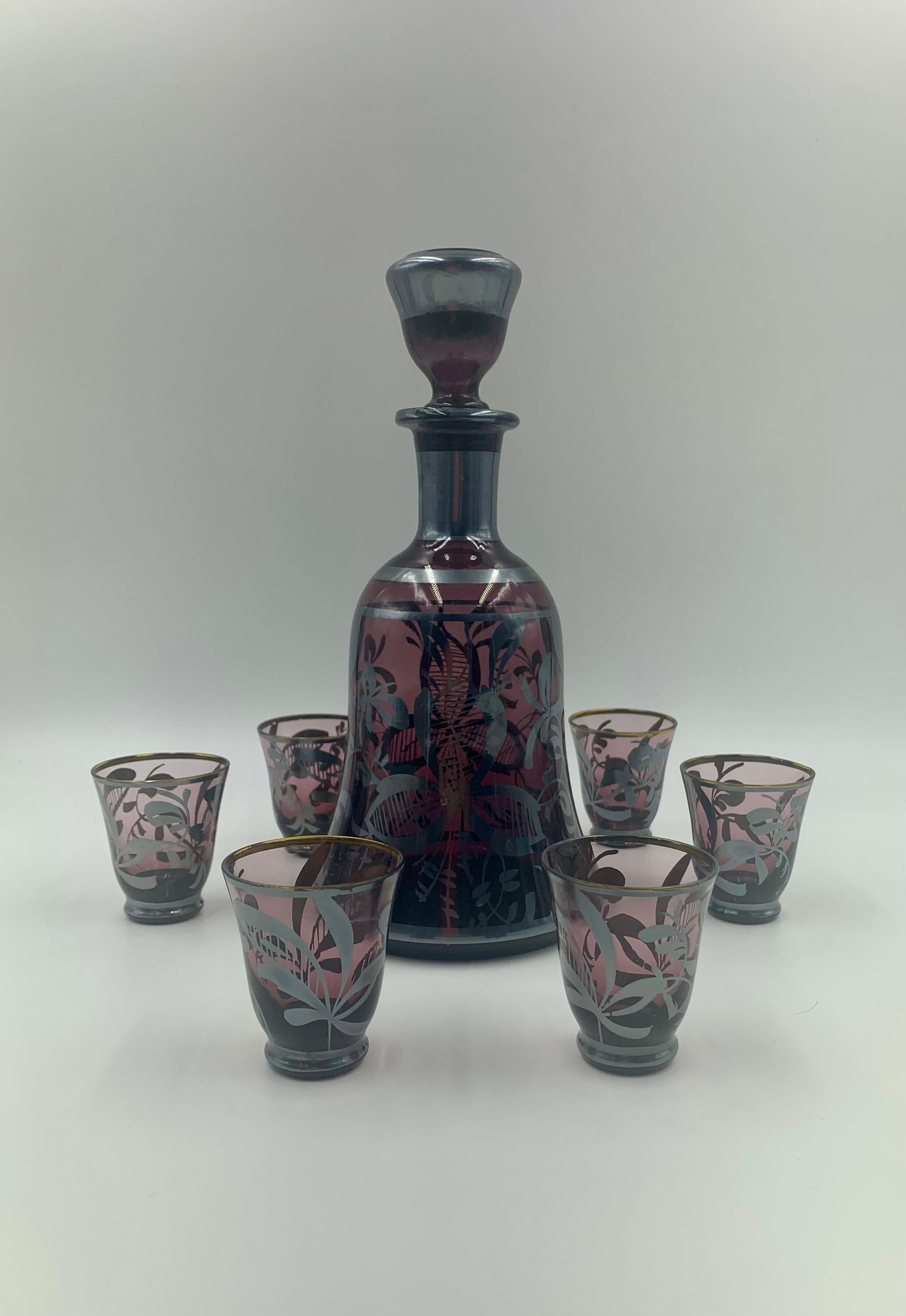 Art Deco Amethyst Silver Overlay Glass Decanter Glasses Barware Set en vente 5