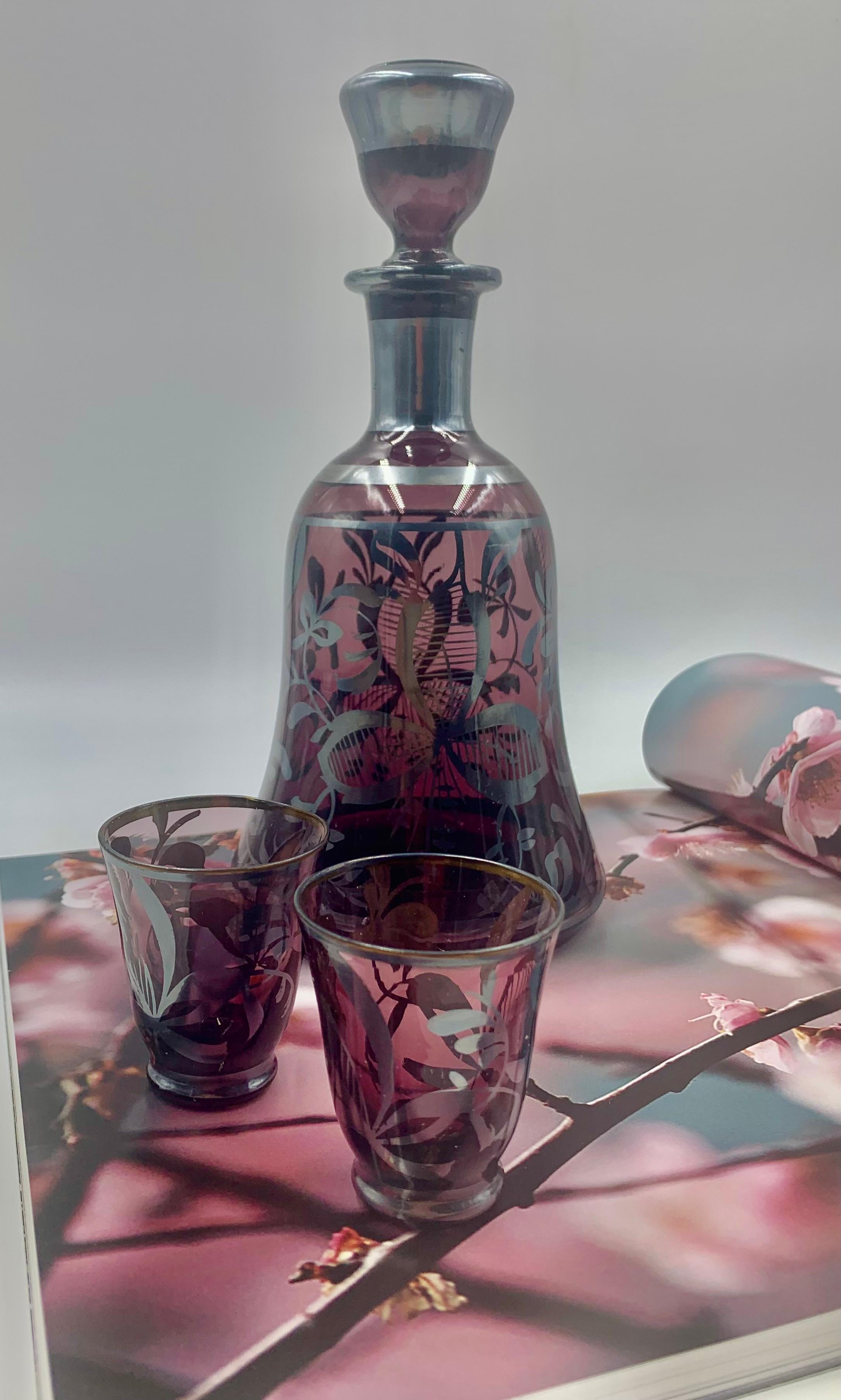 Art Deco Amethyst Silver Overlay Glass Decanter Glasses Barware Set en vente 6