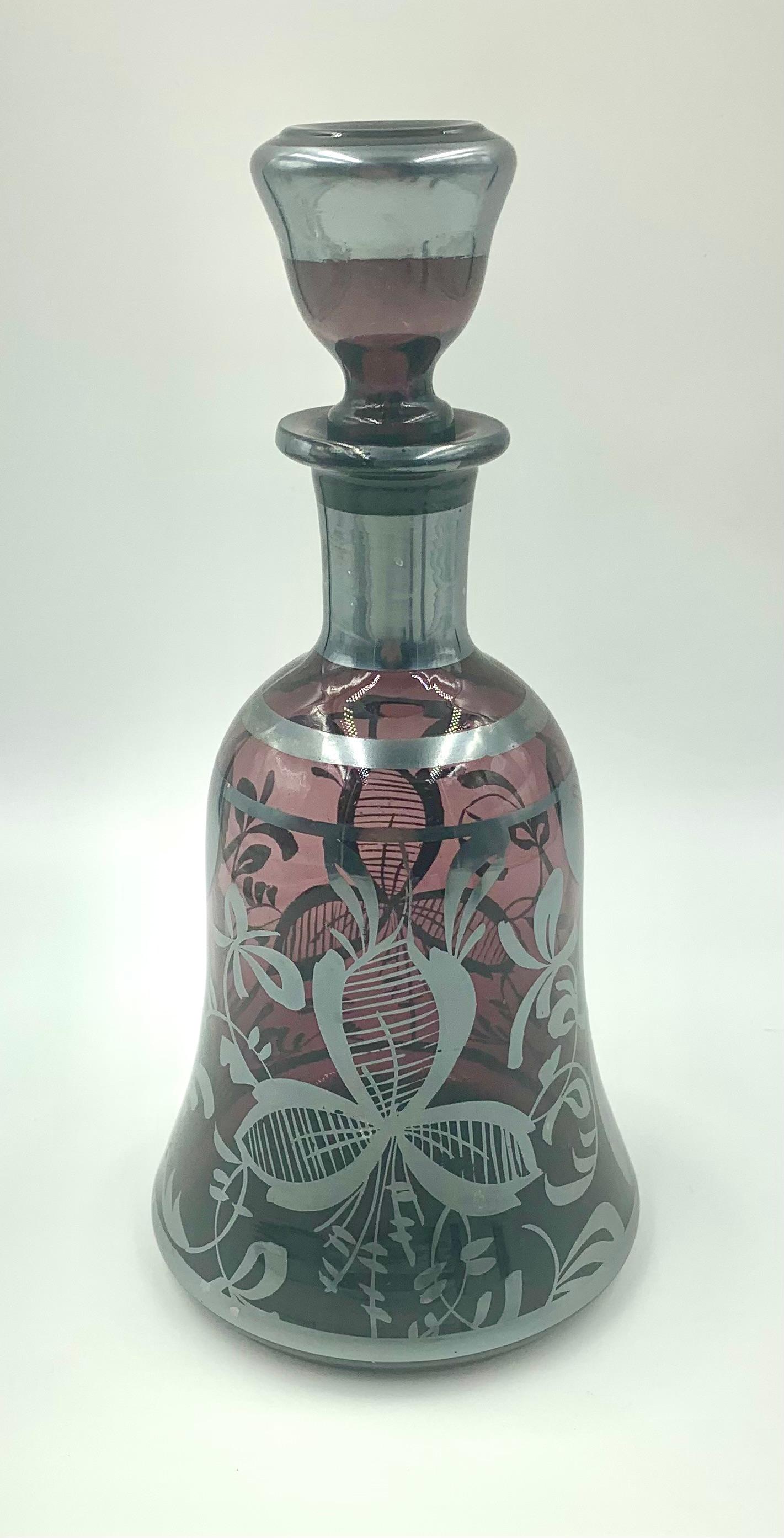 Verre Art Deco Amethyst Silver Overlay Glass Decanter Glasses Barware Set en vente