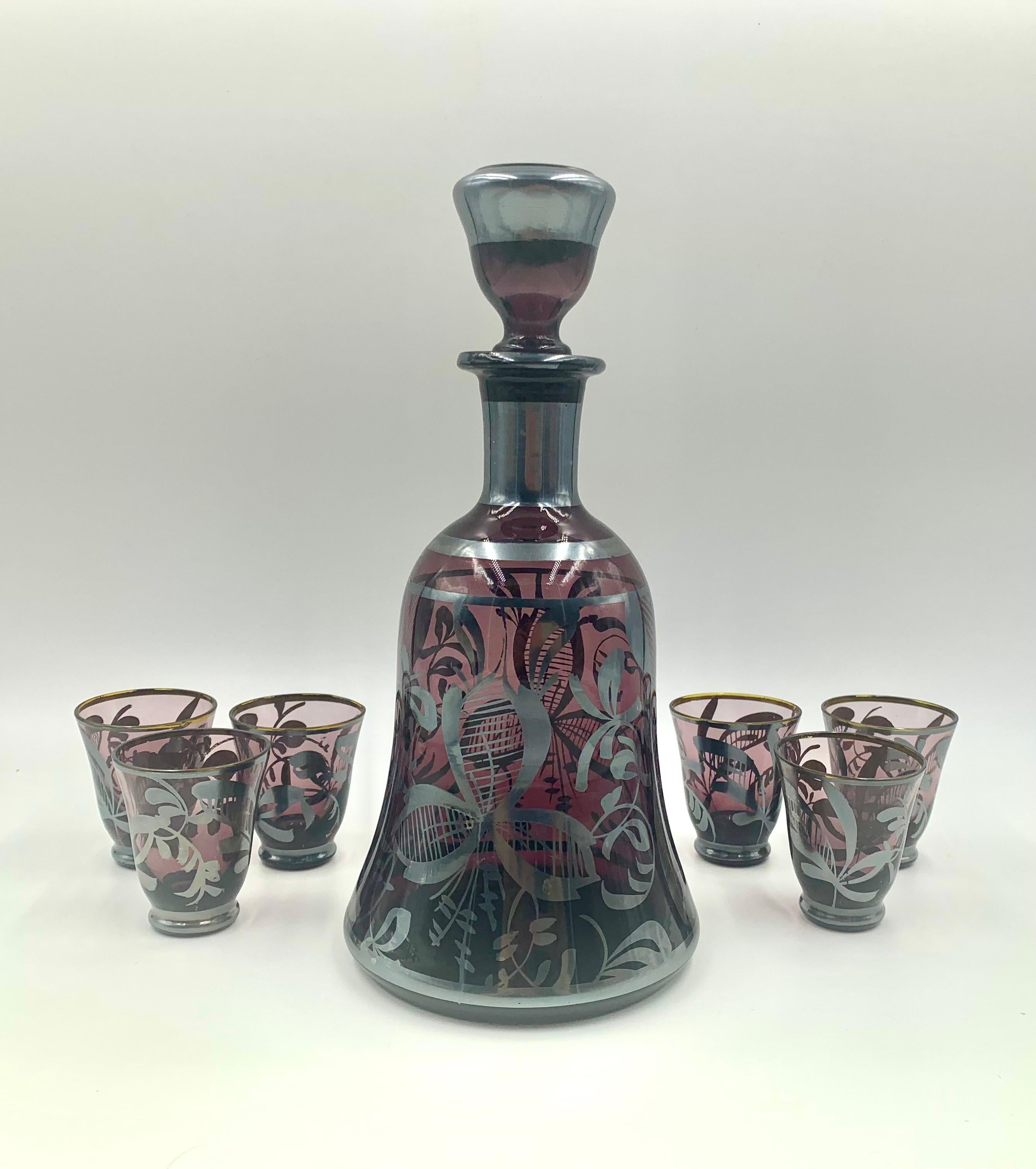 Art Deco Amethyst Silver Overlay Glass Decanter Glasses Barware Set en vente 1