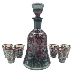 Used Art Deco Amethyst Silver Overlay Glass Decanter Glasses Barware Set