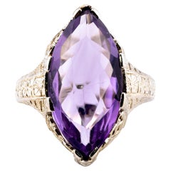 Art Deco Amethyst Solitaire Filigree Vintage Ring in 18K White Gold