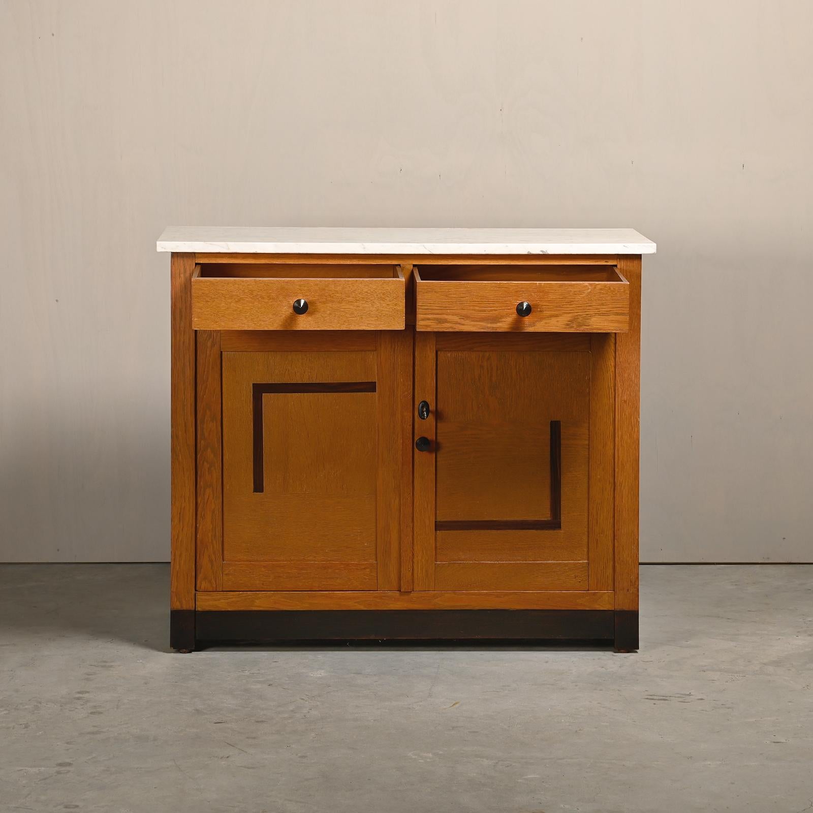 Mid-20th Century Art Deco Amsterdam School Cabinet Sideboard Oak and Marble, 1930s Netherlands For Sale