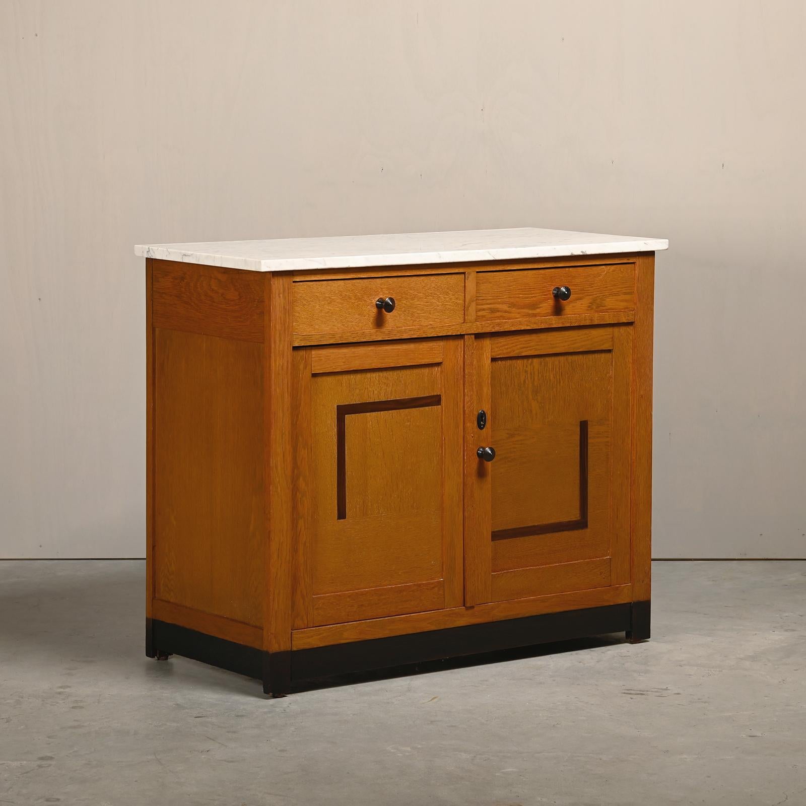 Art Deco Amsterdam School Cabinet Sideboard Oak and Marble, 1930s Netherlands For Sale 1