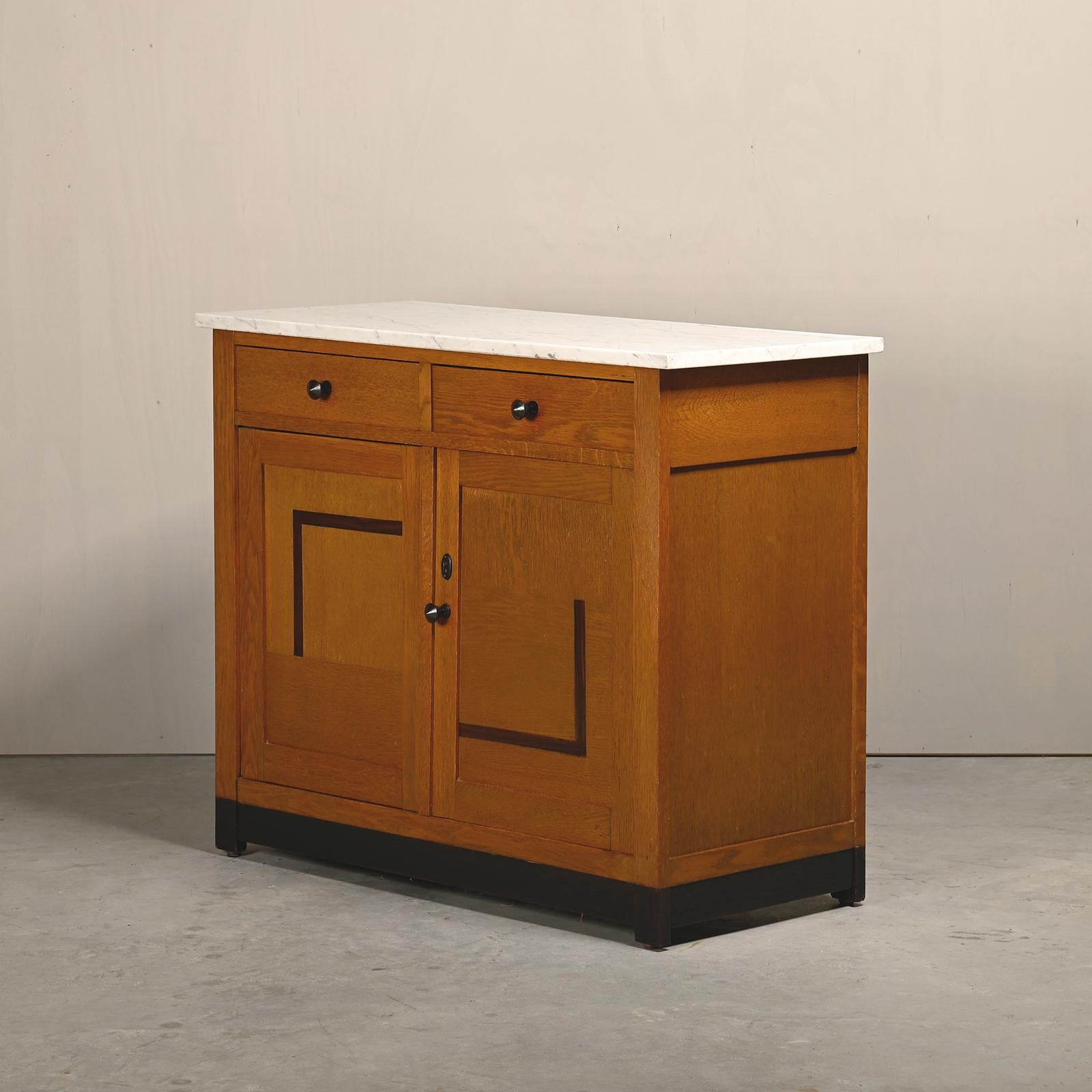 Art Deco Amsterdam School Cabinet Sideboard Oak and Marble, 1930s Netherlands For Sale 2