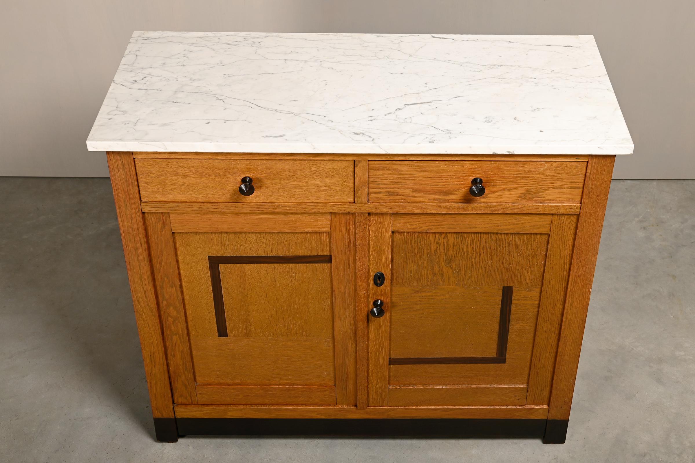 Art Deco Amsterdam School Cabinet Sideboard Oak and Marble, 1930s Netherlands For Sale 4