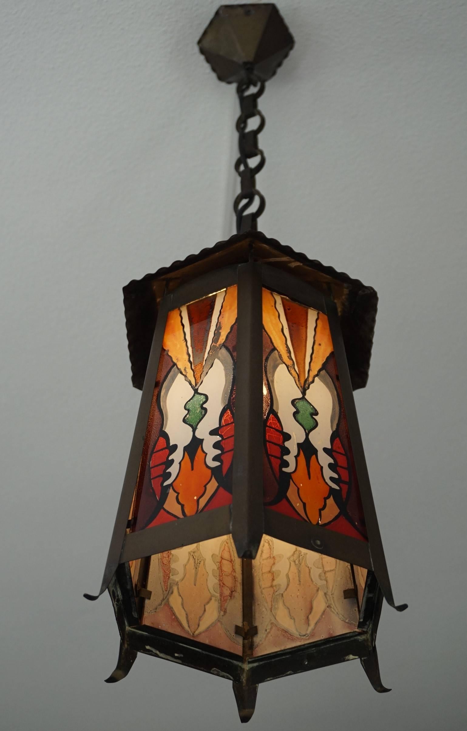 Dutch Arts and Crafts Hexagonal Brass and Painted Glass Pendant Light / Lantern 4