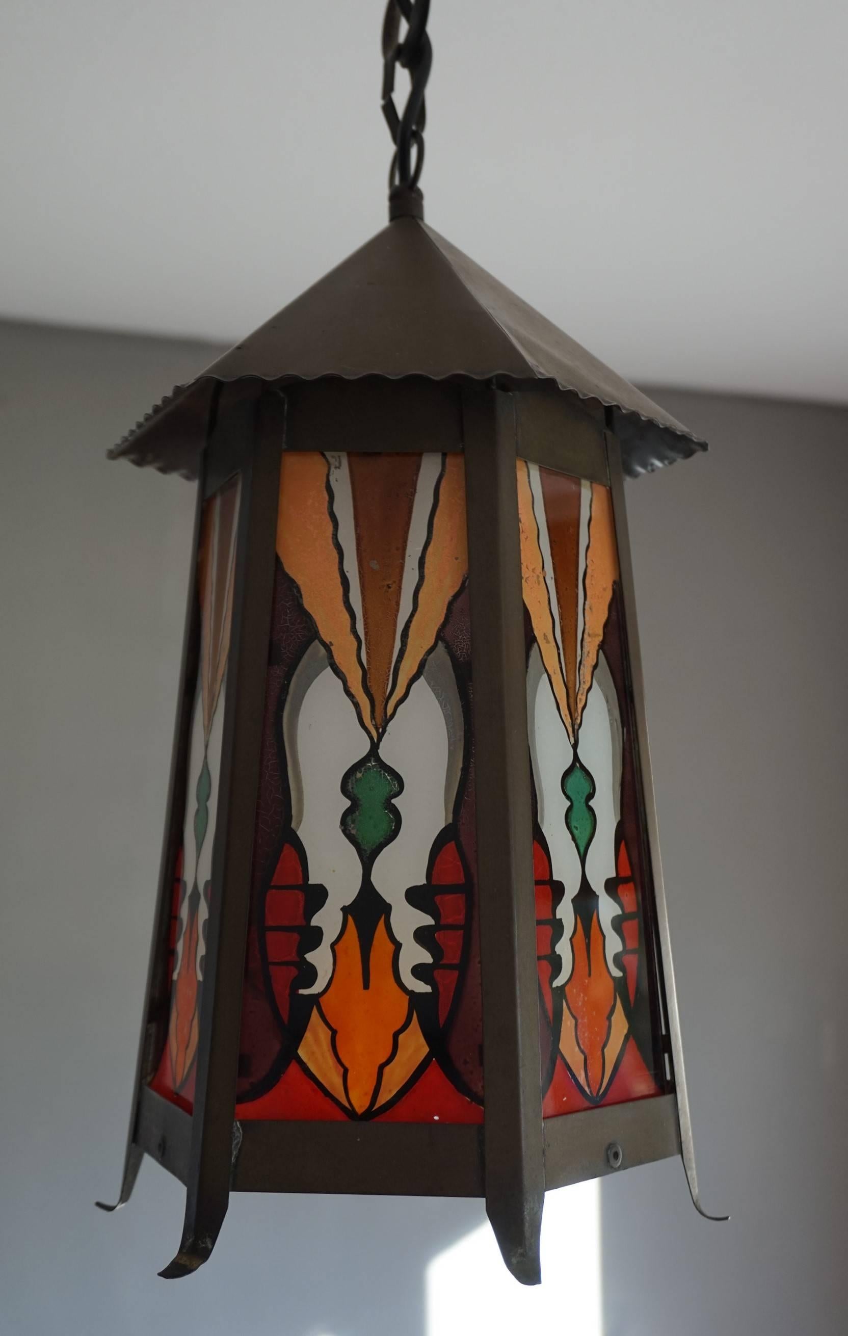 Dutch Arts and Crafts Hexagonal Brass and Painted Glass Pendant Light / Lantern 1