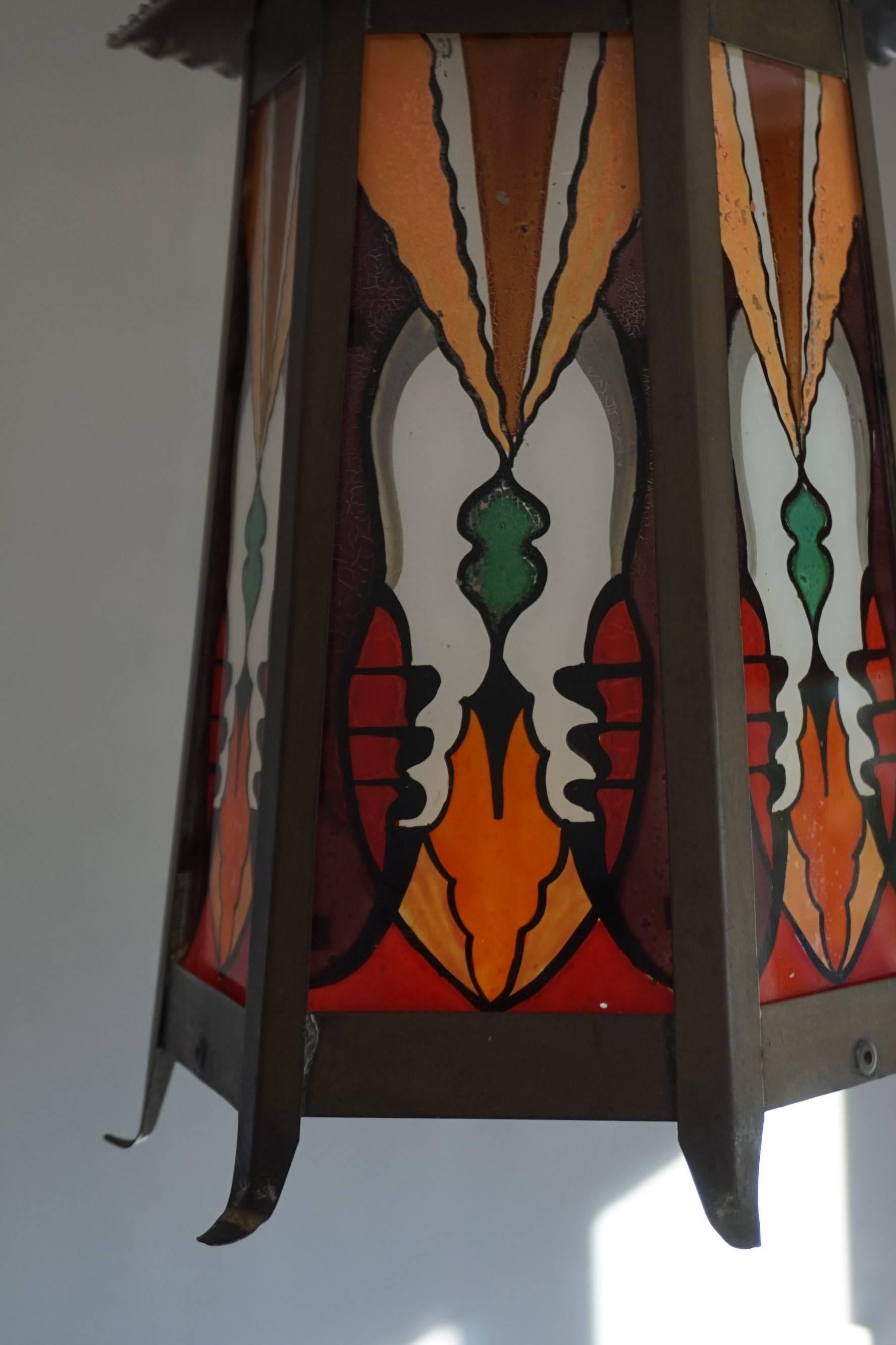 Dutch Arts and Crafts Hexagonal Brass and Painted Glass Pendant Light / Lantern 2