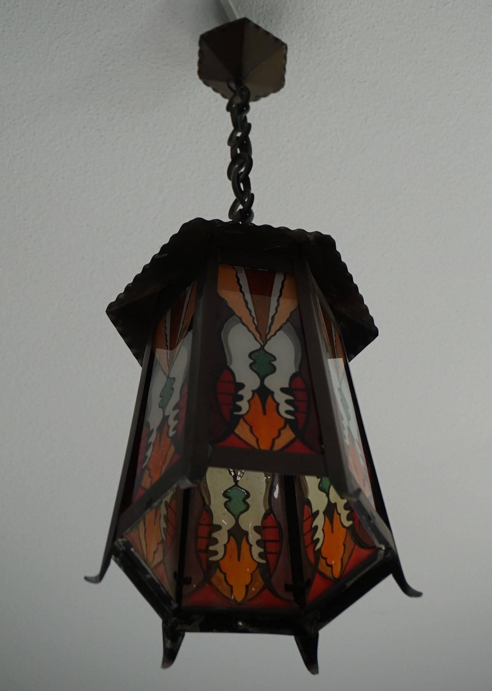 Dutch Arts and Crafts Hexagonal Brass and Painted Glass Pendant Light / Lantern 3