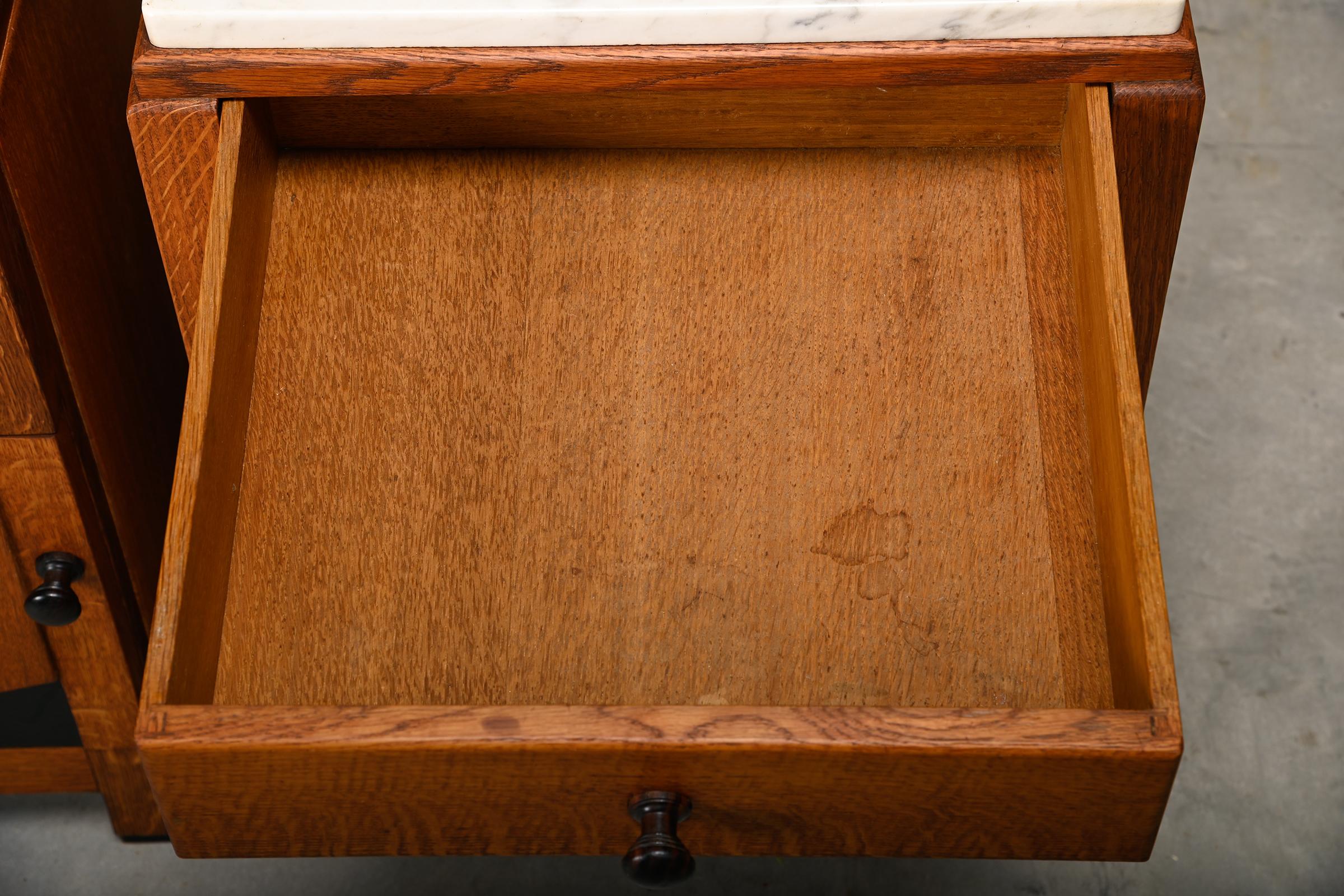 Art Deco Amsterdam School Nightstands pair in oak and marble, 1930s Netherlands 5
