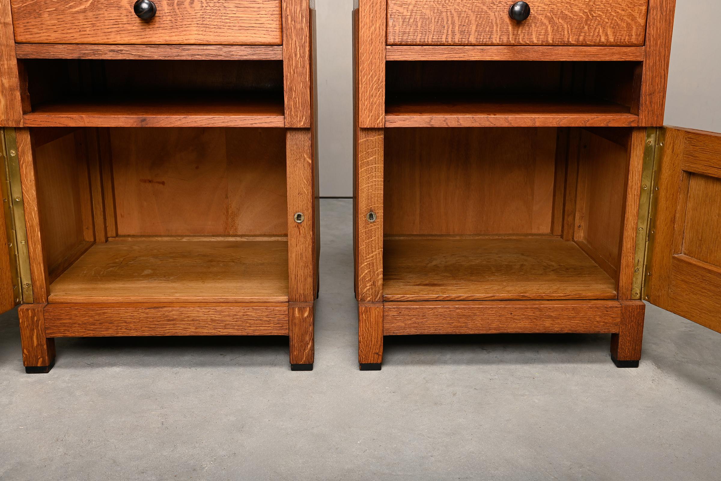 Art Deco Amsterdam School Nightstands pair in oak and marble, 1930s Netherlands 12