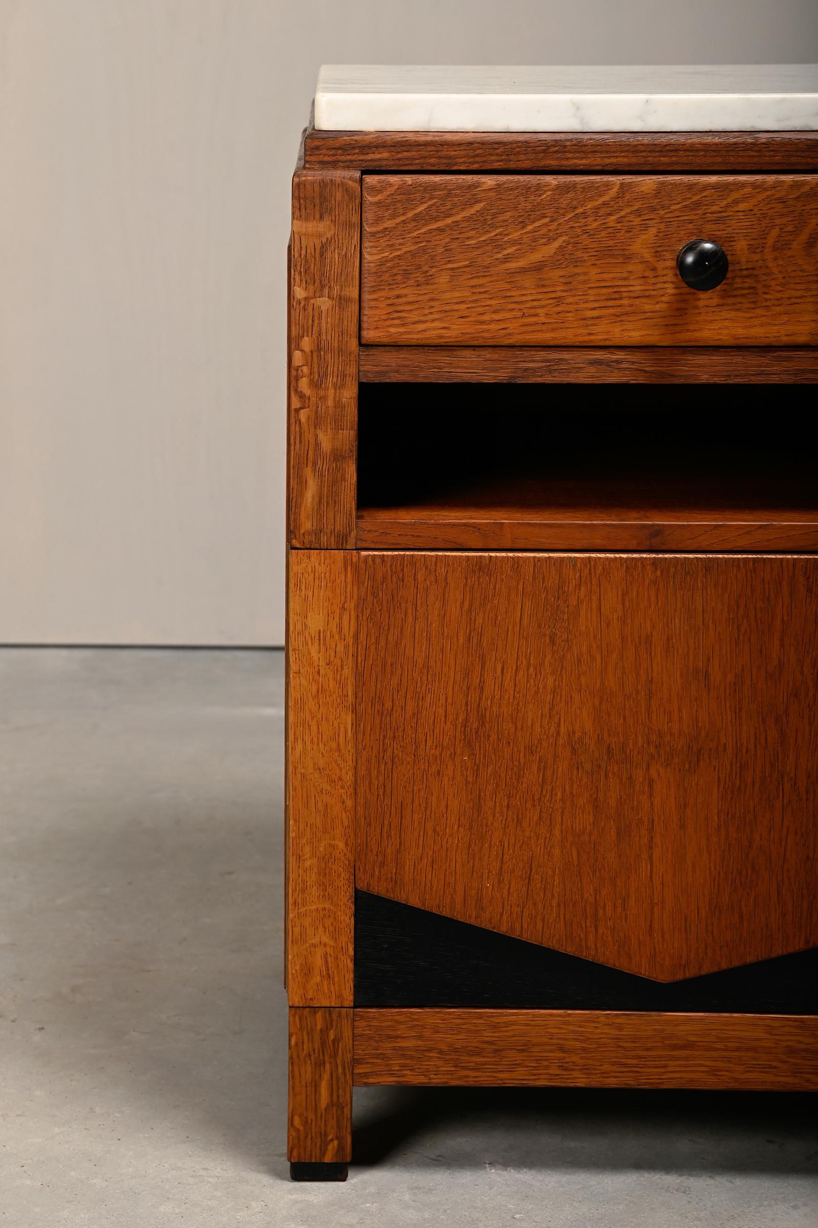 Art Deco Amsterdam School Nightstands pair in oak and marble, 1930s Netherlands 14