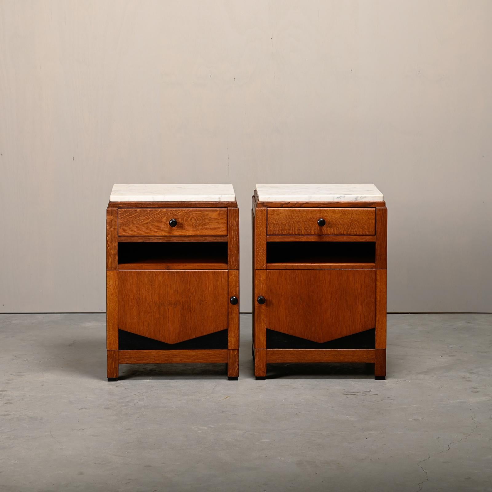Dutch Art Deco Amsterdam School Nightstands pair in oak and marble, 1930s Netherlands