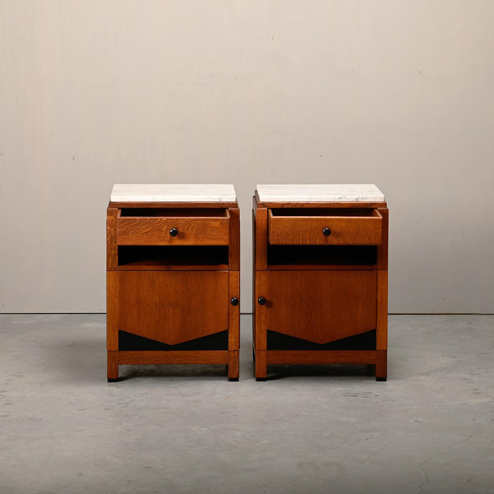20th Century Art Deco Amsterdam School Nightstands pair in oak and marble, 1930s Netherlands
