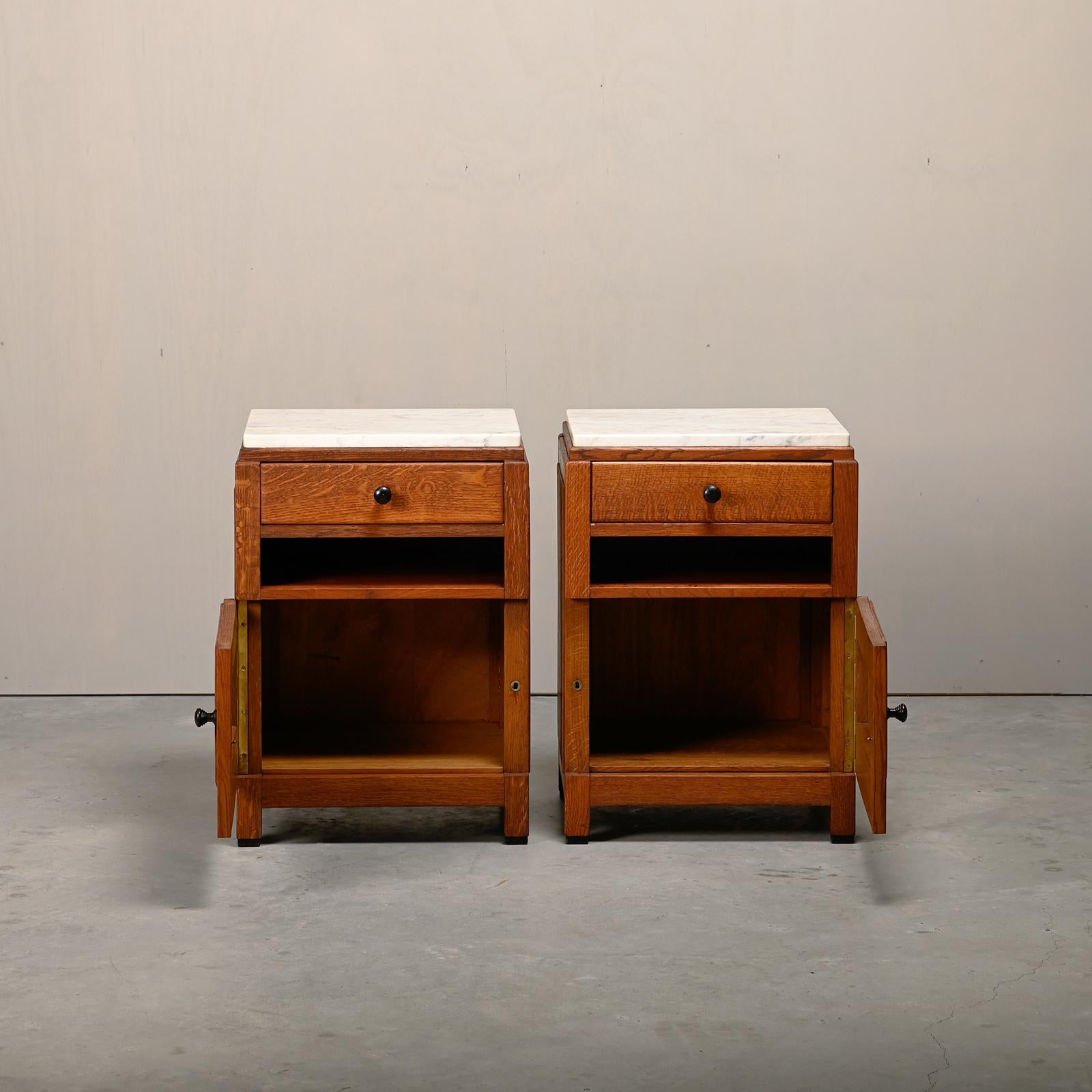 Marble Art Deco Amsterdam School Nightstands pair in oak and marble, 1930s Netherlands