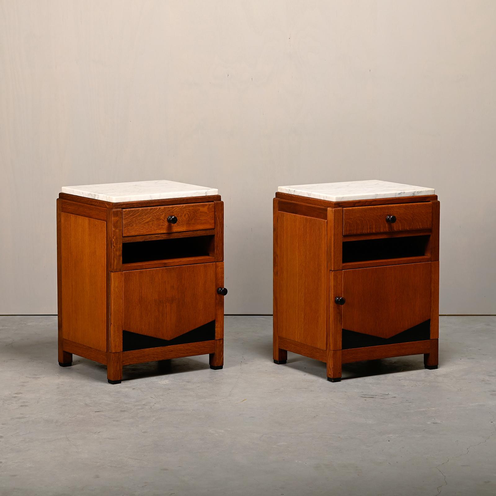 Art Deco Amsterdam School Nightstands pair in oak and marble, 1930s Netherlands 1
