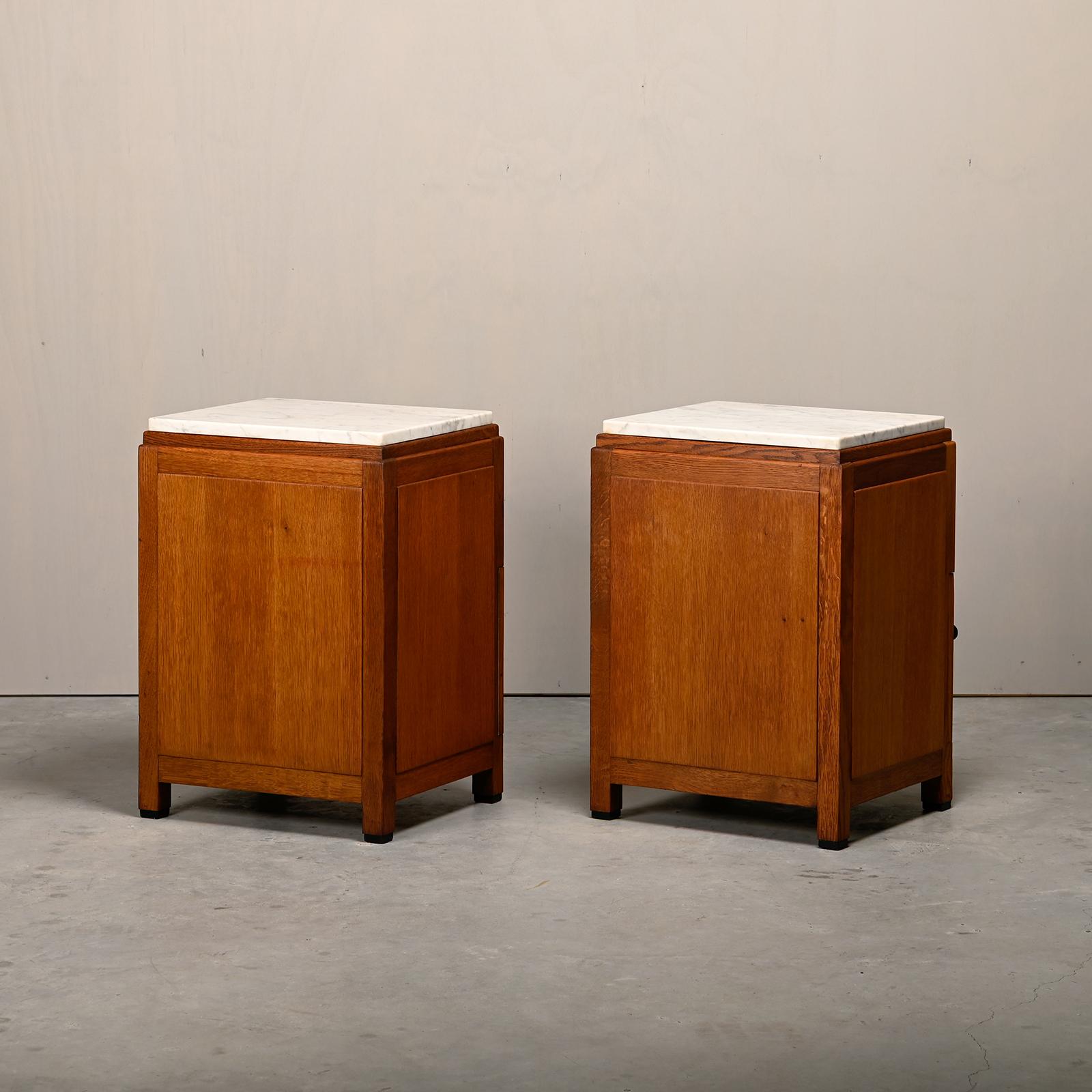 Art Deco Amsterdam School Nightstands pair in oak and marble, 1930s Netherlands 2
