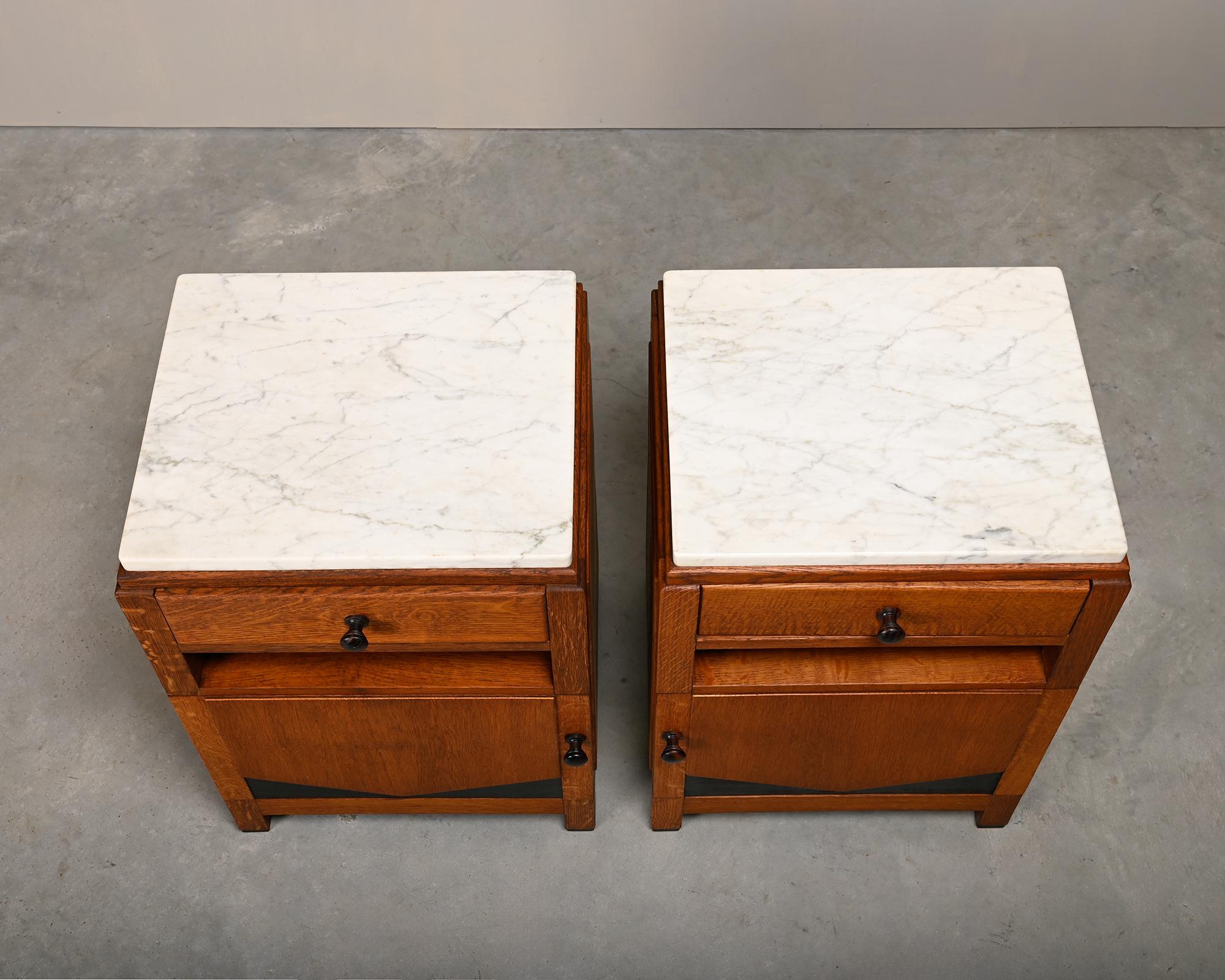 Art Deco Amsterdam School Nightstands pair in oak and marble, 1930s Netherlands 3
