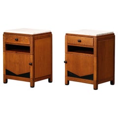 Art Deco Amsterdam School Nightstands pair in oak and marble, 1930s Netherlands