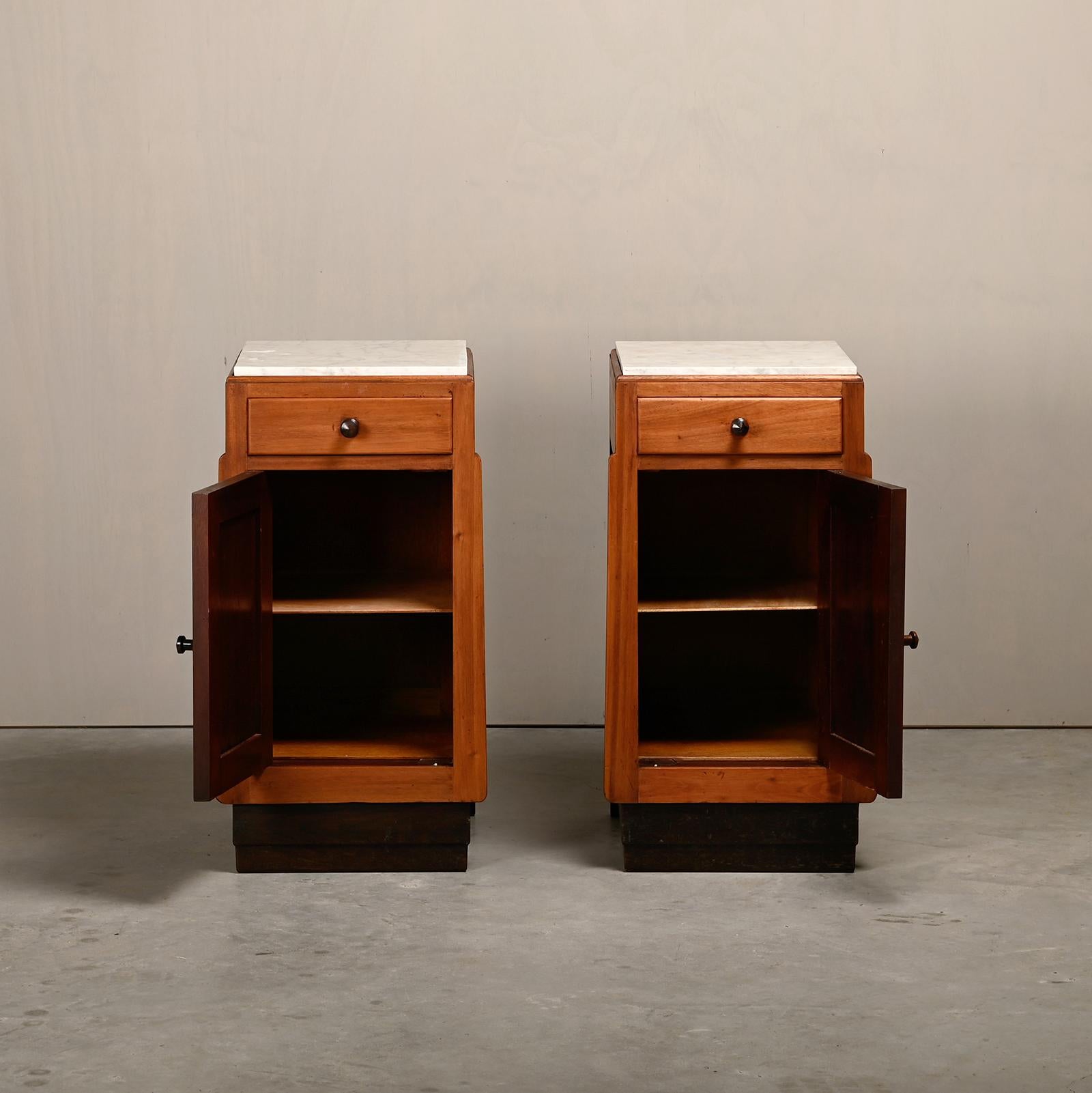 Dutch Art Deco Amsterdam School Nightstands wood and marble, 1930s Netherlands