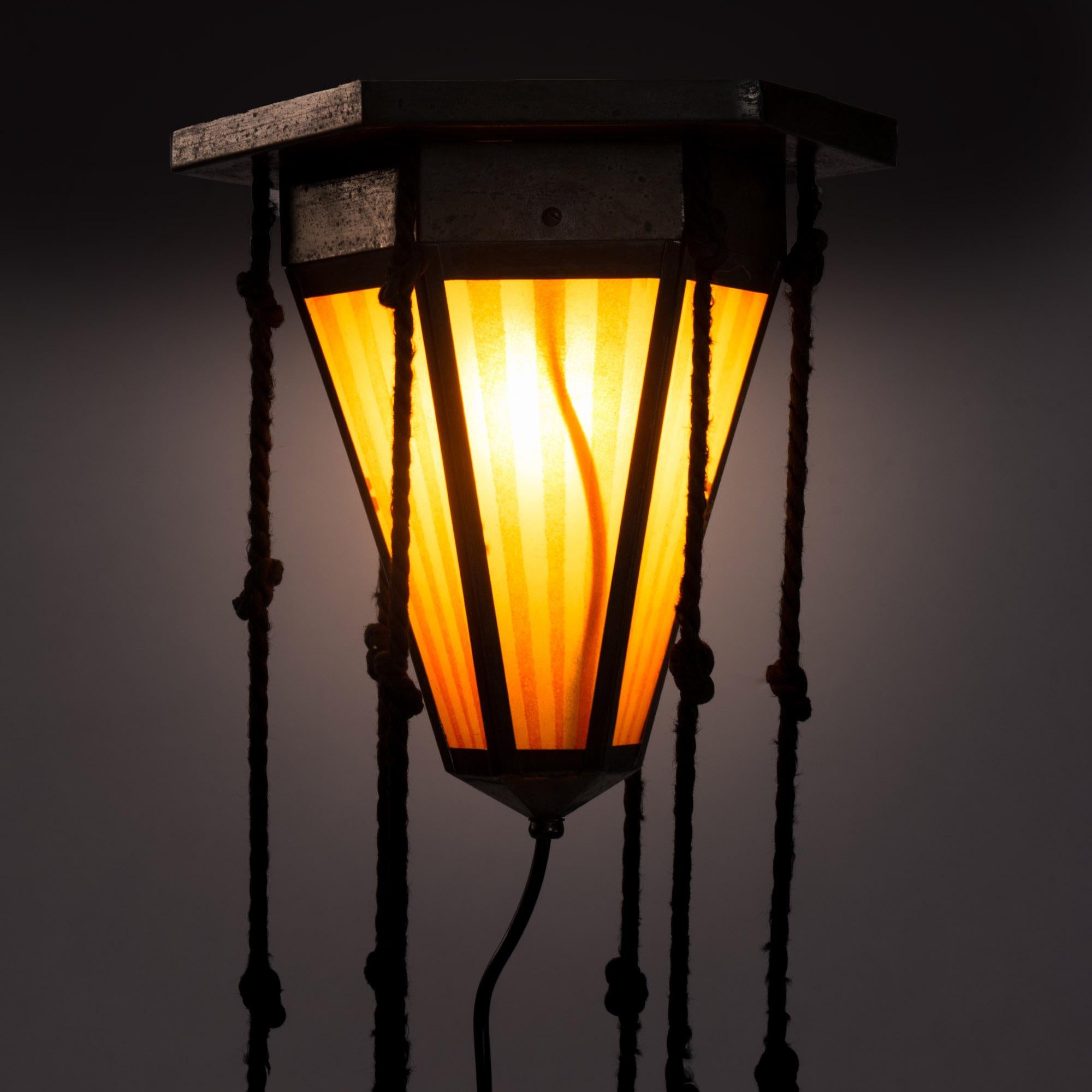Art Deco Amsterdam school painted glass chandelier, The Netherlands, 1930s For Sale 3