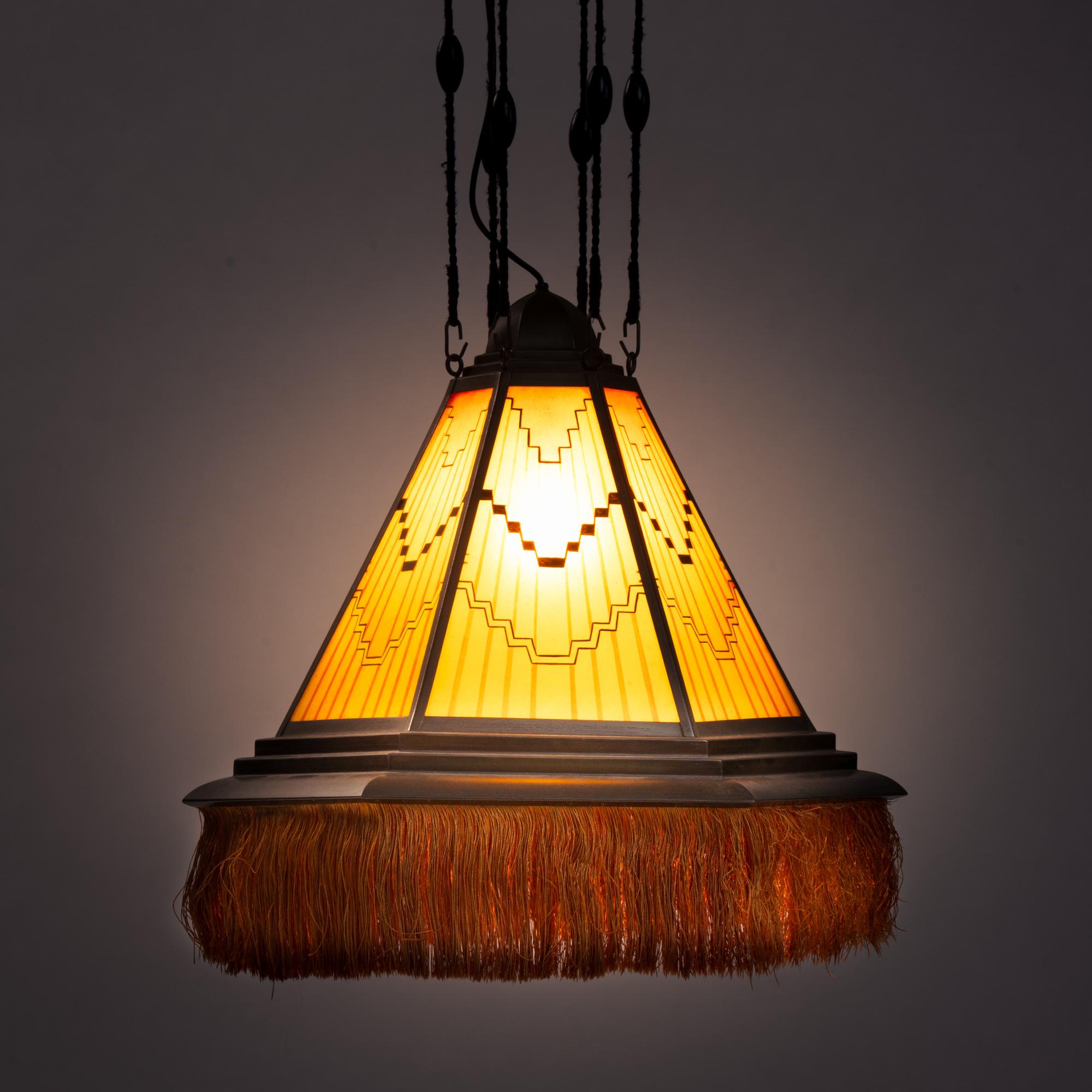 Dutch Art Deco Amsterdam school painted glass chandelier, The Netherlands, 1930s For Sale