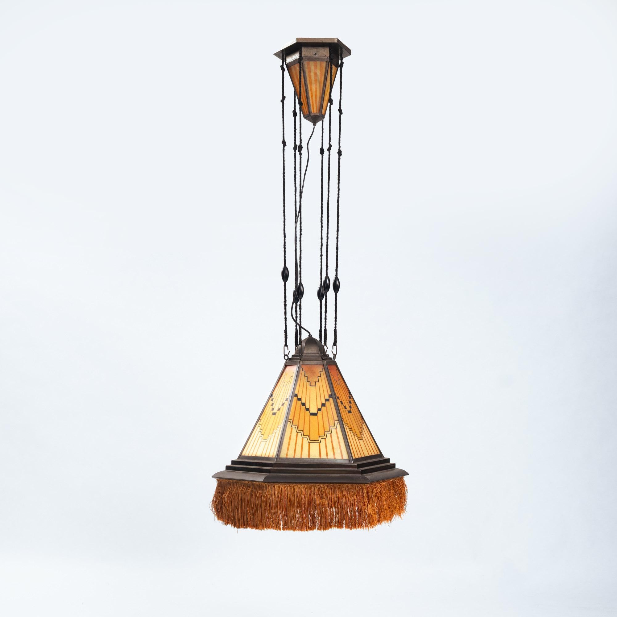 Art Deco Amsterdam school painted glass chandelier, The Netherlands, 1930s For Sale 1