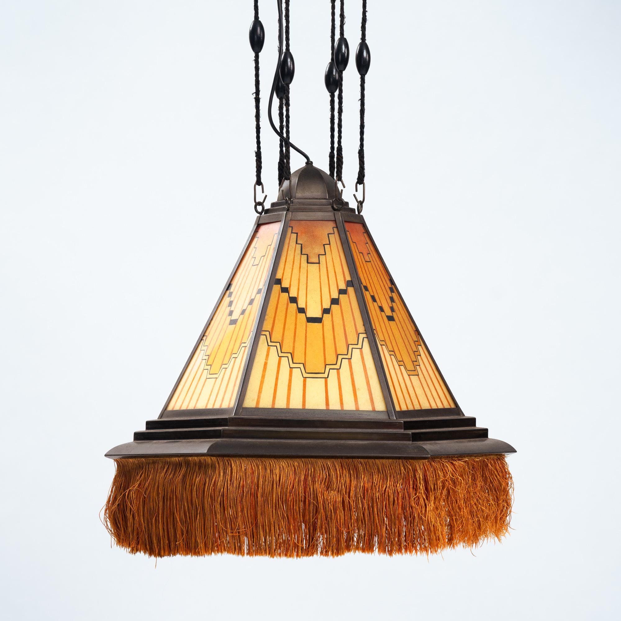 Art Deco Amsterdam school painted glass chandelier, The Netherlands, 1930s For Sale 2