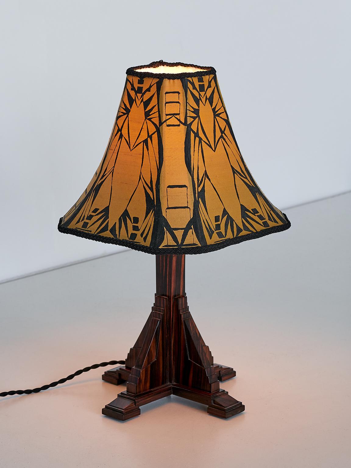 Fabric Art Deco Amsterdam School Table Lamp in Macassar Ebony, Netherlands, 1930s