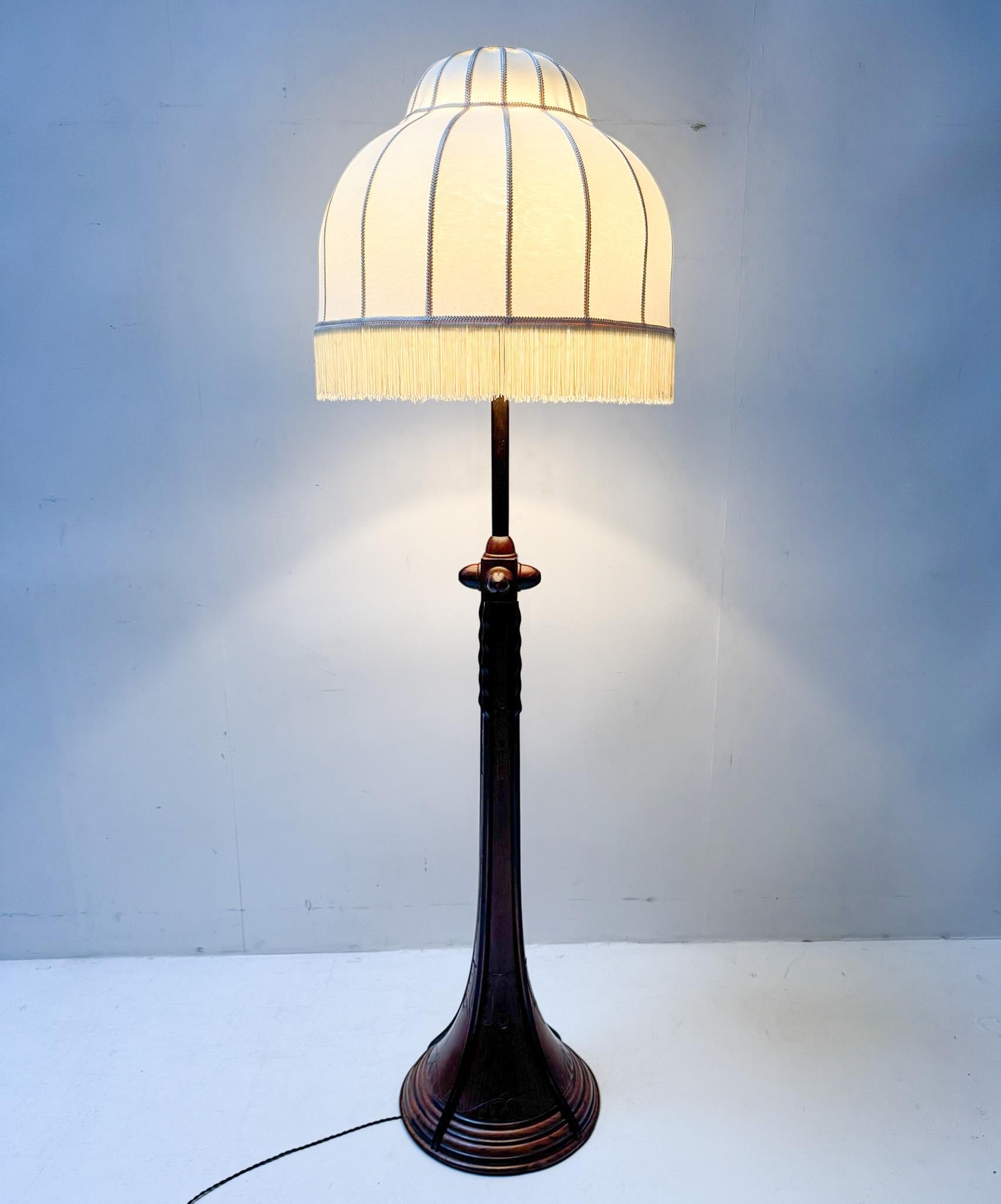 Early 20th Century Art Deco Amsterdamse School Floor Lamp with Silk Shade, 1920s