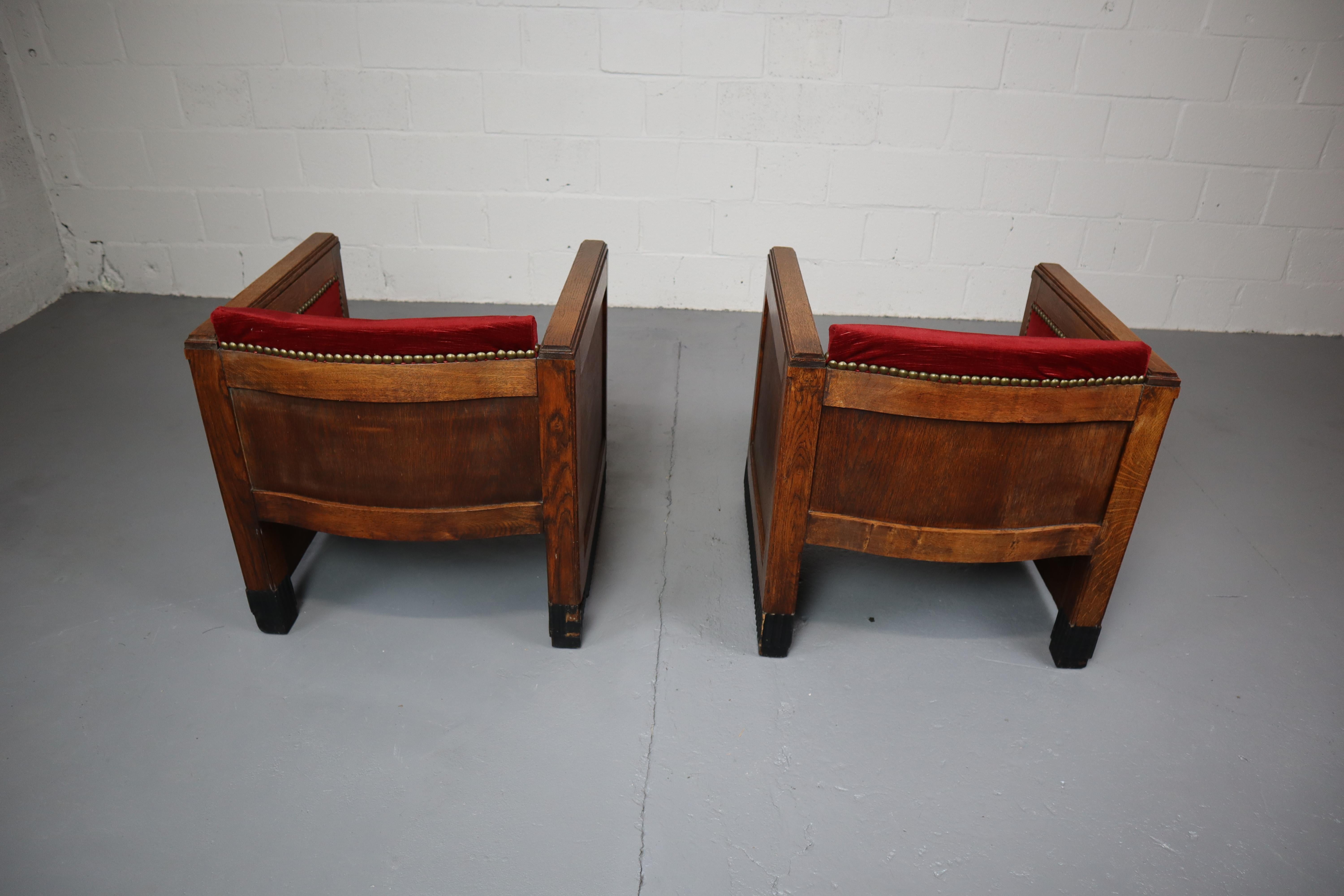 Fauteuils Art Déco Amsterdamse School en chêne et velours 4