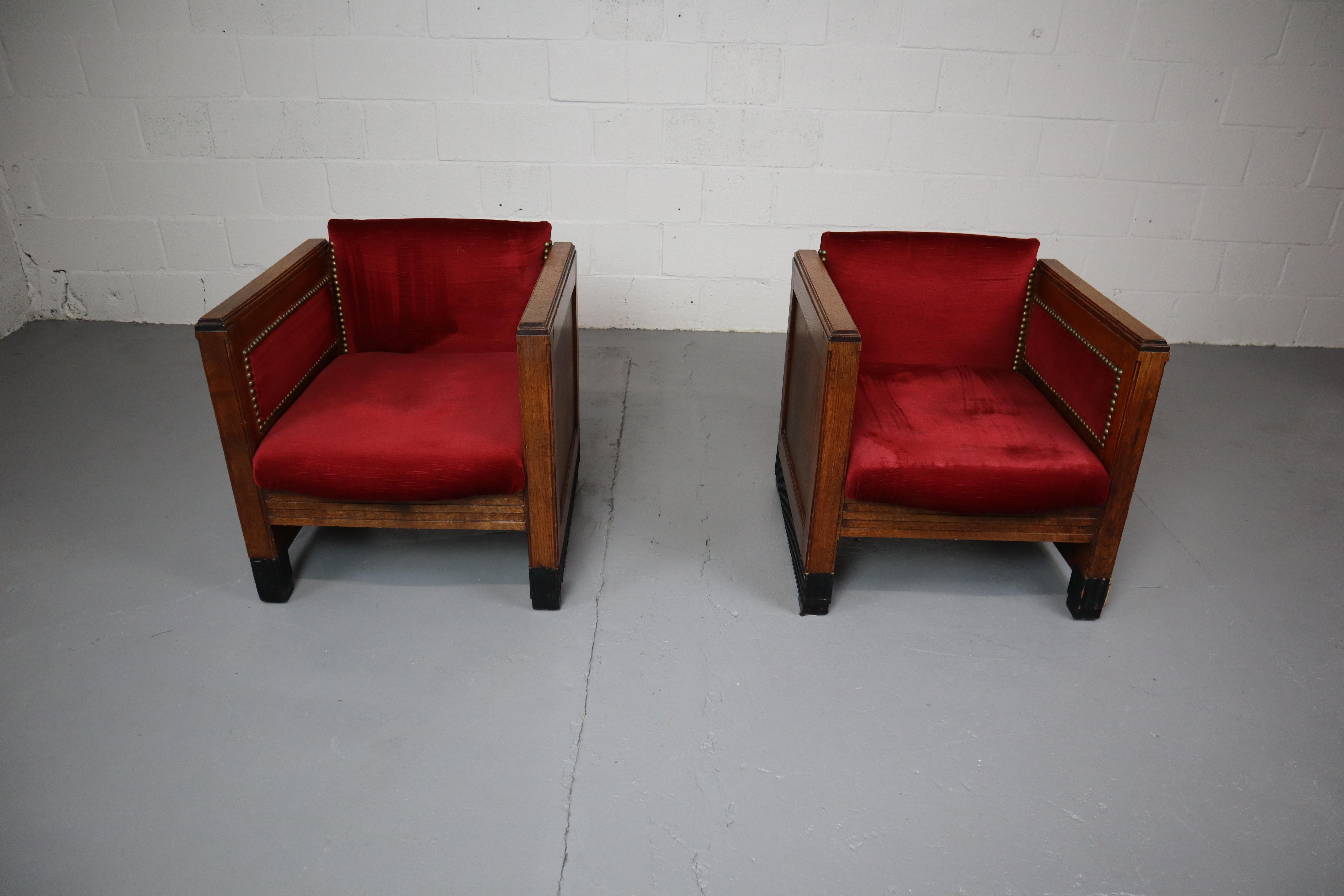 Dutch Art Deco Amsterdamse School Oak and Velours Armchairs For Sale