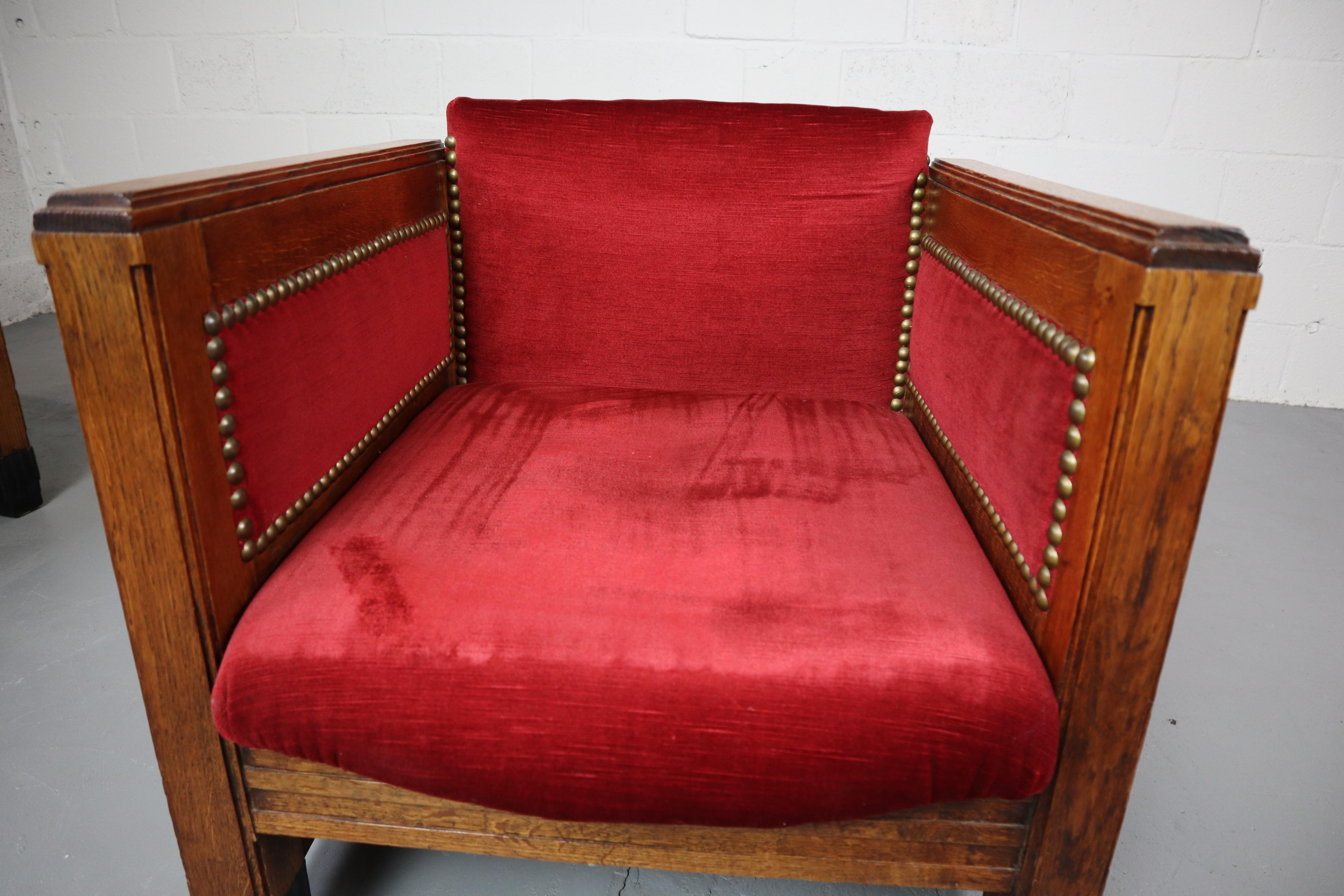 Early 20th Century Art Deco Amsterdamse School Oak and Velours Armchairs For Sale